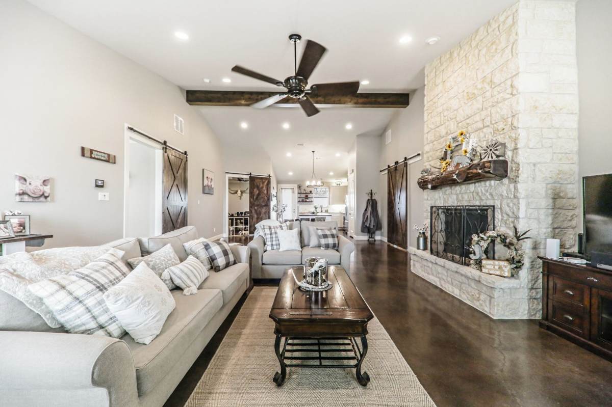 Living room & stone fireplace